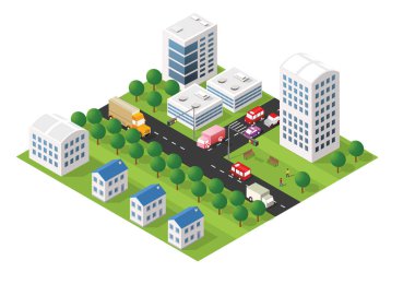 Binalar ve ağaçlarla çevrili, şehir yaşamını ve ulaşımı temsil eden arabalar ve kamyonlarla dolu Isometric şehri