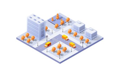 Gökdelenleri, yolları, arabaları ve ağaçları olan Isometric şehir binaları modern bir şehir manzarası yaratıyor.