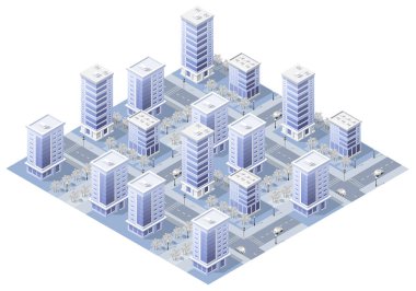 Gökdelenleri, ofis binalarını, yolları ve ağaçları gösteren ve gerçekçi bir şehir manzarası yaratan modern bir şehir merkezi.