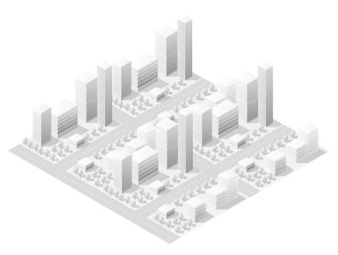 Gökdelenleri, ofis binalarını, yolları ve ağaçları gösteren ve gerçekçi bir şehir manzarası yaratan modern bir şehir merkezi.