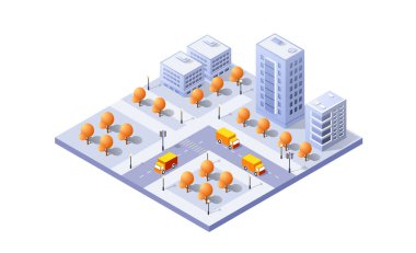 Gökdelenleri, yolları, arabaları ve ağaçları olan Isometric şehir binaları modern bir şehir manzarası yaratıyor.