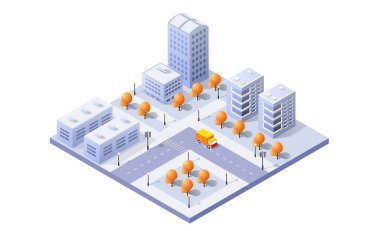 Gökdelenleri, yolları, arabaları ve ağaçları olan Isometric şehir binaları modern bir şehir manzarası yaratıyor.