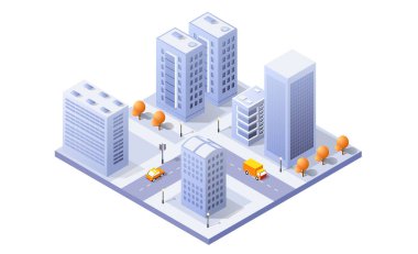 Gökdelenleri, yolları, arabaları ve ağaçları olan Isometric şehir binaları modern bir şehir manzarası yaratıyor.