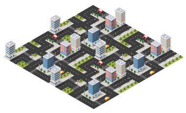 Gökdelenleri, yolları ve parkları olan modern izometrik şehir, şehir manzarasında hareket eden arabalara ev sahipliği yapıyor.