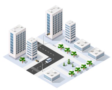 Modern binaları, caddeleri, karla kaplı ağaçları ve kış boyunca yolda giden bir minibüsü olan Isometric şehri.