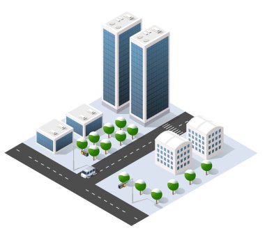 Gökdelenler, ofis binaları, yollar, karlı ağaçlar ve karlı bir sokakta giden bir minibüsün yer aldığı kışın manzarası.