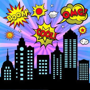 Renkli patlamaları ve ifadeleri olan çizgi roman tarzı şehir manzarası şehir ortamına heyecan katıyor