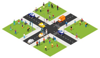 Yeşil bölgeleri olan bir şehirde yürüyen ve yol ayrımında giden insanları temsil eden Isometric vektör illüstrasyonu