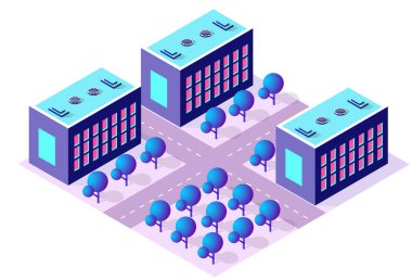 Şehir planlama ve şehir içindeki yeşil alanları temsil eden, modern binalarla çevrili bir şehir parkı.