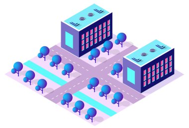 Renkli ağaçlar ve yollar ile modern şehir binalarının Isome manzarası, canlı bir şehir manzarası yaratıyor.