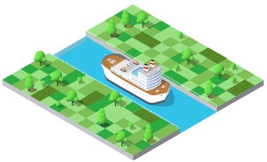 Yeşil tarlalardan geçen, ulaşım ve lojistiği temsil eden, ağaçlarla dolu büyük bir geminin görüntüsü.