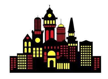 Parlak şehir manzarası siyah ve kırmızı renklerde parlıyor, sarı ışıklı pencereler çarpıcı bir gece sahnesi yaratıyor.