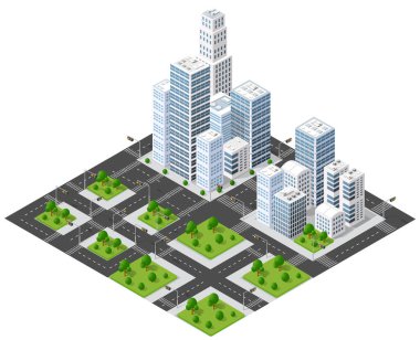 Binaların, yolların, ağaçların ve yaya geçitlerinin olduğu modern bir şehir manzarası geniş kapsamlı bir şehir manzarası yaratıyor.