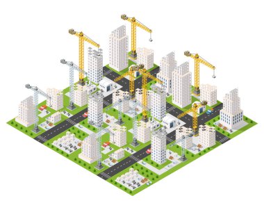 Trafik ve yeşil alanlar, izometrik manzara ile büyüyen şehir merkezinde modern gökdelenler üzerinde çalışan kule vinçleri