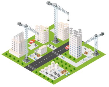 Trafik ve yeşil alanlar, izometrik manzara ile büyüyen şehir merkezinde modern gökdelenler üzerinde çalışan kule vinçleri