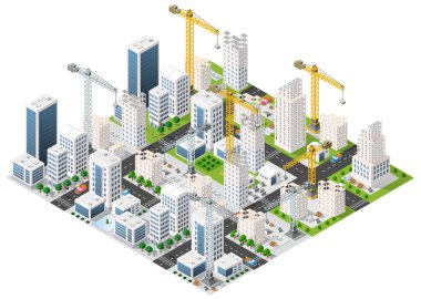 Trafik ve yeşil alanlar, izometrik manzara ile büyüyen şehir merkezinde modern gökdelenler üzerinde çalışan kule vinçleri