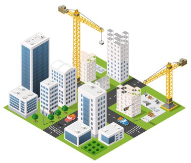 Trafik ve yeşil alanlar, izometrik manzara ile büyüyen şehir merkezinde modern gökdelenler üzerinde çalışan kule vinçleri