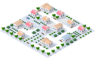 Binaların, yolların, ağaçların ve yaya geçitlerinin olduğu modern bir şehir manzarası geniş kapsamlı bir şehir manzarası yaratıyor.