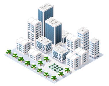 Kış mevsiminde modern gökdelenleri, ofisleri ve karlı ağaçları olan Isometric şehir merkezi