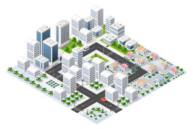Gökdelenleri, konut binaları, yollar, ağaçlar ve yeşil alanları olan modern bir şehir manzarasını tasvir eden Isometric şehir haritası