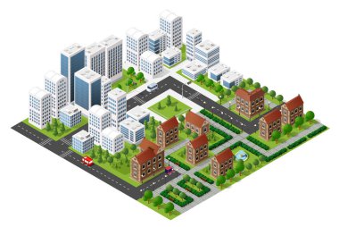 Binaların, yolların, ağaçların ve yaya geçitlerinin olduğu modern bir şehir manzarası geniş kapsamlı bir şehir manzarası yaratıyor.