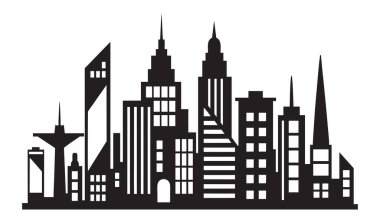 Şehir gelişimini ve şehir yaşamını temsil eden çeşitli gökdelenlerin ve mimari tasarımların yer aldığı modern şehir siluetinin siyah ve beyaz silueti