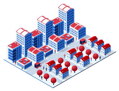 Gökdelenleri, evleri, ağaçları, yolları, arabaları ve yürüyen insanları olan Isometric şehri modern bir şehir ortamını temsil ediyor.