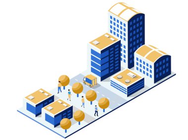 Gökdelenleri, ofisleri, ağaçları, dağıtım kamyoneti ve yürüyen, kentsel yaşam ve iş faaliyetlerini temsil eden insanlarla dolu Isometric şehir merkezi