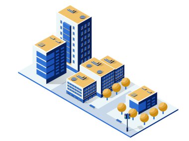 Ağaçların ve bankların yer aldığı Isometric şehir binaları, çağdaş mimari ve tasarımın sergilendiği canlı bir modern şehir manzarası oluşturuyorlar.
