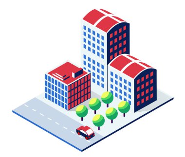 Isometric şehir binaları hareketli bir cadde boyunca yükseliyor, bir araba geçiyor ve yol boyunca hareketli yeşil ağaçlar var.