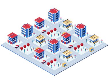 Modern binalar, dükkanlar, yollar, arabalar, dağıtım kamyonları ve şehir planlama ve geliştirmeyi temsil eden yürüyen insanlarla Isometric akıllı şehri.