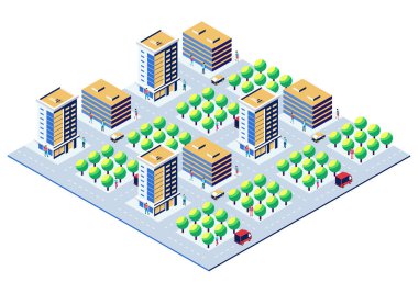 Modern binalar, sokaklar, ağaçlar, arabalar ve şehir yaşamını ve gelişimini temsil eden yürüyen ve araba kullanan insanlarla Isometric şehir merkezi.