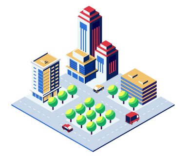 Gökdelenleri, yolları, arabaları ve modern şehir planlama ve geliştirmeyi temsil eden ağaçları olan Isometric şehir merkezi