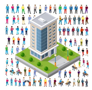 Çevresi yeşil alanlarla çevrili Isometric ofis binası ve ofis çalışanları, teslimat personeli ve diğer kişiler de dahil olmak üzere çeşitli kalabalıklar