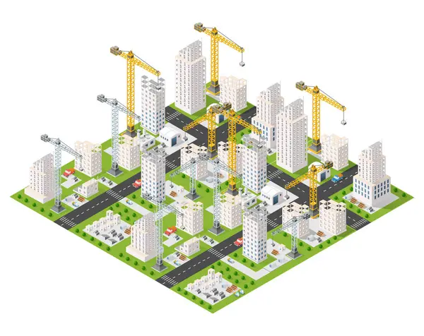 Trafik ve yeşil alanlar, izometrik manzara ile büyüyen şehir merkezinde modern gökdelenler üzerinde çalışan kule vinçleri