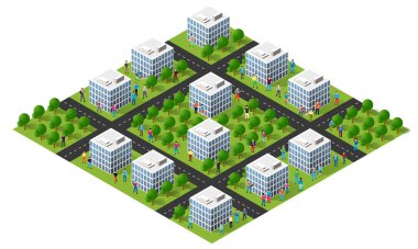 Ofis binaları, yollar, ağaçlar ve kentsel çevrede yürüyen ve eğlenen vatandaşlarla dolu modern bir şehir.