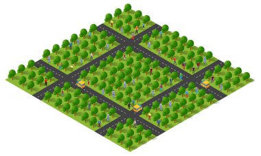 Kesişen yolları olan yeşil bir şehir parkı manzarası ve sarı arabalı ve yürüyen vatandaşlar.