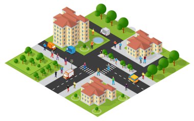 Binaları, parkları, yolları, arabaları, dağıtım kamyonları ve yürüyen, alışveriş yapan ve işe gidip gelen insanları olan Isometric şehri.