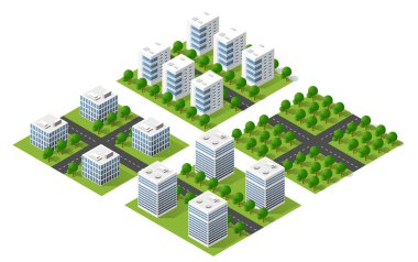 Şehir planlama ve geliştirmeyi temsil eden binaları, yolları ve yeşil parkları olan modern bir şehir.