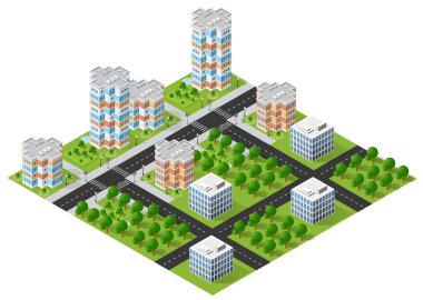 Gökdelenleri, yolları, yaya geçitleri, ağaçları ve yeşil alanları olan modern bir şehir merkezi.