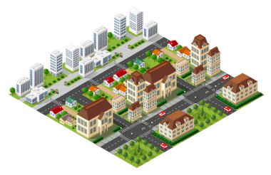 Gökdelenler, konutlar, arabalı yollar, parklar ve şehir altyapısının yer aldığı Isometric şehir manzarası