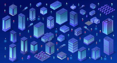 Modern binalar, gökdelenler, evler, ağaçlar, araçlar, sokak lambaları ve iş adamlarıyla dolu Isometric fütüristik akıllı şehir geceleri hareket ediyor.