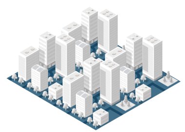 Beyaz gökdelenleri, sokakları ve yeşil ağaçları olan, temiz ve organize bir şehir manzarası yaratan modern bir şehir merkezi.