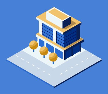 Ağaçları ve yolu olan modern bir ofis binası içeren Isometric vektör illüstrasyonu, mimari veya kentsel planlama kavramları için ideal