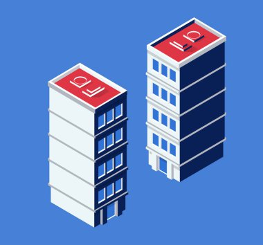 Çatı terasları olan Isome binaları canlı bir şehir manzarasında kentsel gelişimi ve modern mimariyi temsil ediyor.