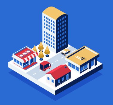 Gökdelenleri, dükkanları, evleri, ağaçları ve arabaları yol üzerinde hareket eden şehir manzarası