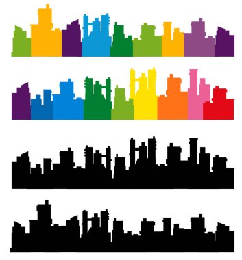 Dört farklı renkli şehir silueti, modern şehir yaşamını temsil eden mordan sarıya, kırmızıya değişiyor.