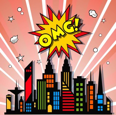 Renkli şehir silüeti şaşkınlıkla dolup taşıyor ve parlak bir konuşma balonuyla sürpriz yapıyor.