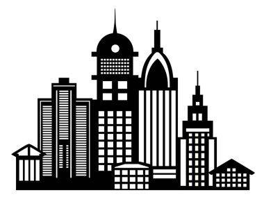 Bu siyah ve beyaz vektör çizimi modern binalarla dolu bir şehir siluetini gösteriyor.
