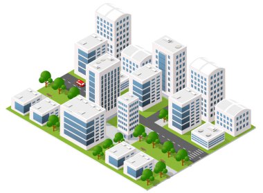 Gökdelenleri, ofis binaları, sokakları, ağaçları ve yeşil parkları olan modern bir şehir.